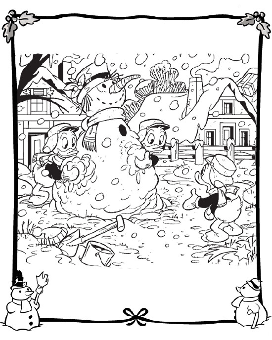 sobrinhos do donald com boneco de neve a brincar